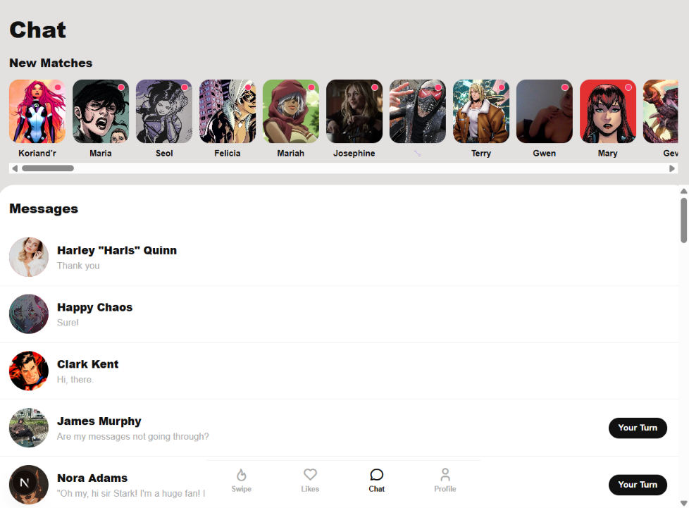 Chat and matches screen